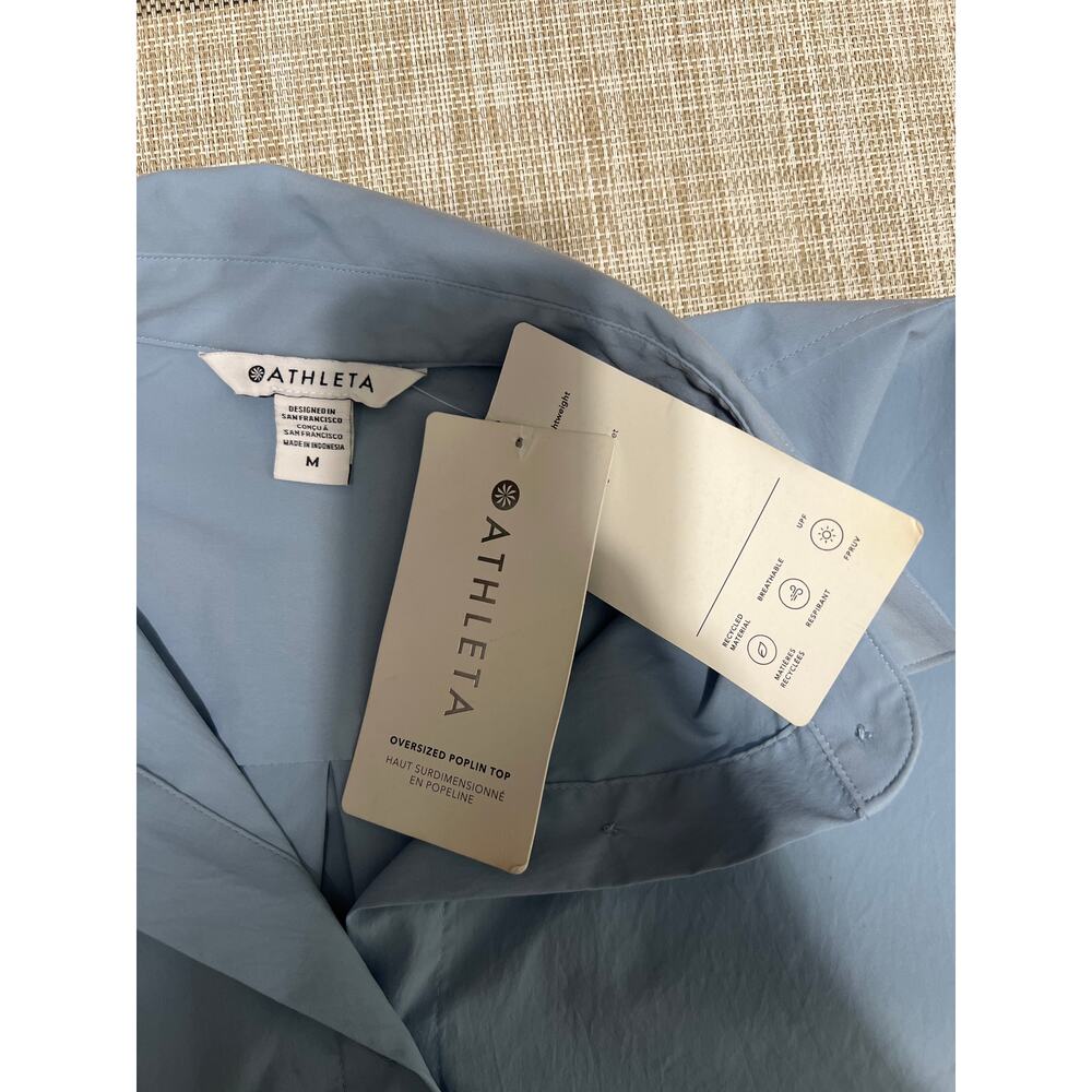 NWT Athleta, Oversized Performance Poplin Top Button Up Shirt Medium Heron Blue - Picture 7 of 12